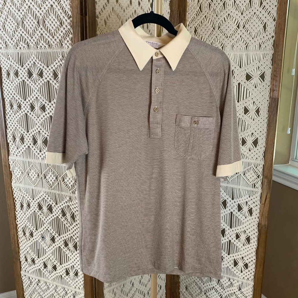 Vtg 70s Thane Brown & Tan POCKET Polo Shirt contrast cuffs collar 41" pit to pit